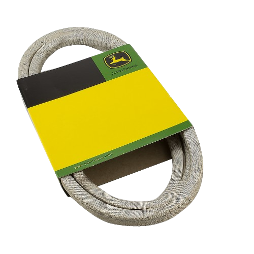 Replacement woven V-belt with yellow and green John Deere branded packaging for equipment maintenance and repair