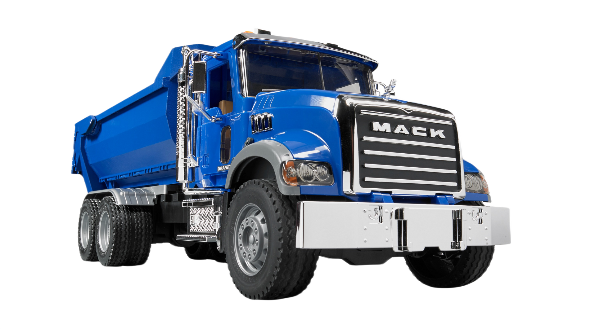 Blue 1:16 scale MACK toy dump truck with chrome accents and functional tipping halfpipe bed for vehicle play collections