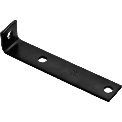 Black heavy-duty offset leg corner brace with three mounting holes for reinforcing right-angle joints in building hardware.