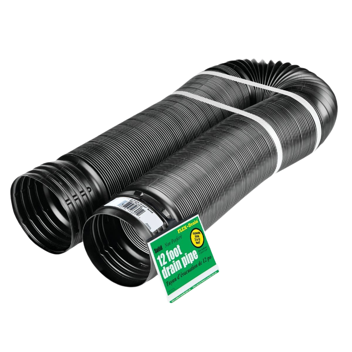 Flexible black corrugated drain pipe, 4-inch diameter and 12-foot length for plumbing and home improvement projects