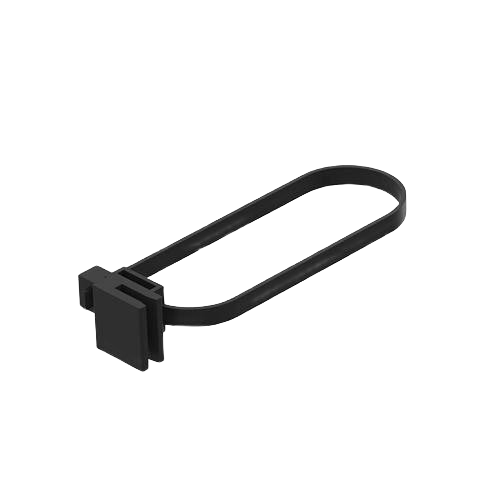 Black plastic edge clip with rectangular locking mechanism for John Deere parts and hardware collections