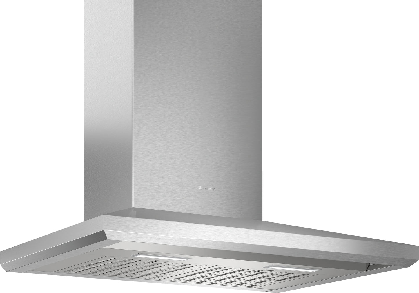 Stainless steel wall-mounted pyramid range hood with noise control and cooktop sync technology from Thermador collection