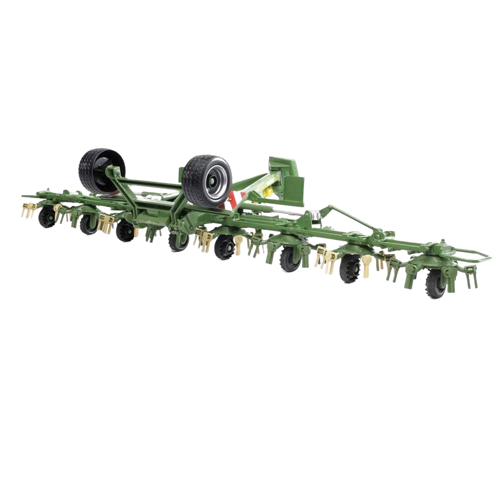 Green trailed rotary tedder model with running gear designed for agricultural use and field work tasks