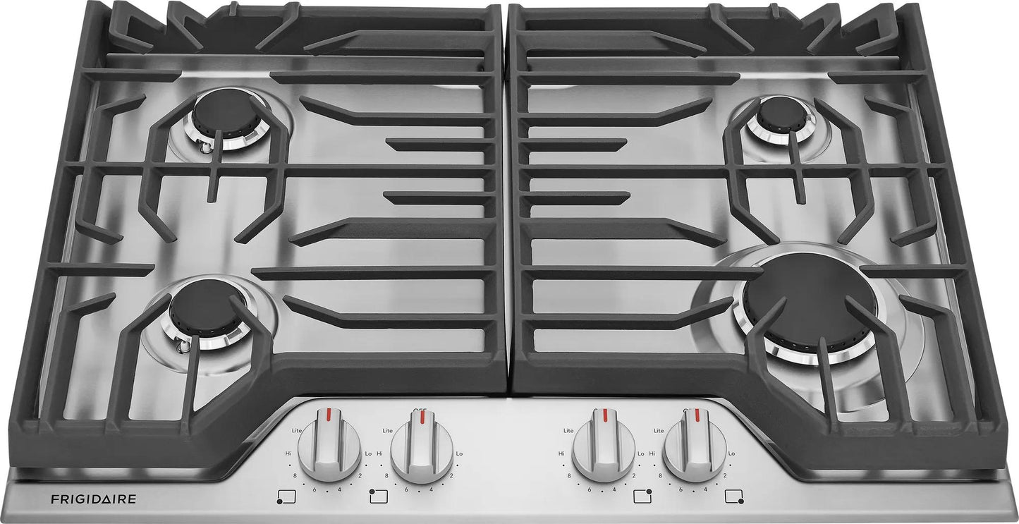 frigidiare 30 inch gas cooktop with four burners and continuous edge-to-edge grates from kitchen appliances collection