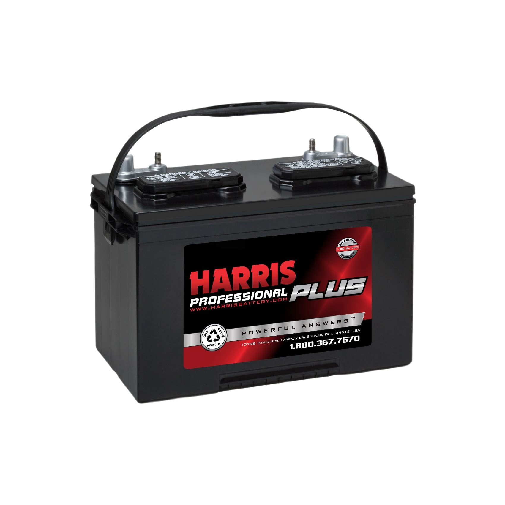 Black marine deep cycle battery with carry handle and red Harris Professional Plus label for automotive use