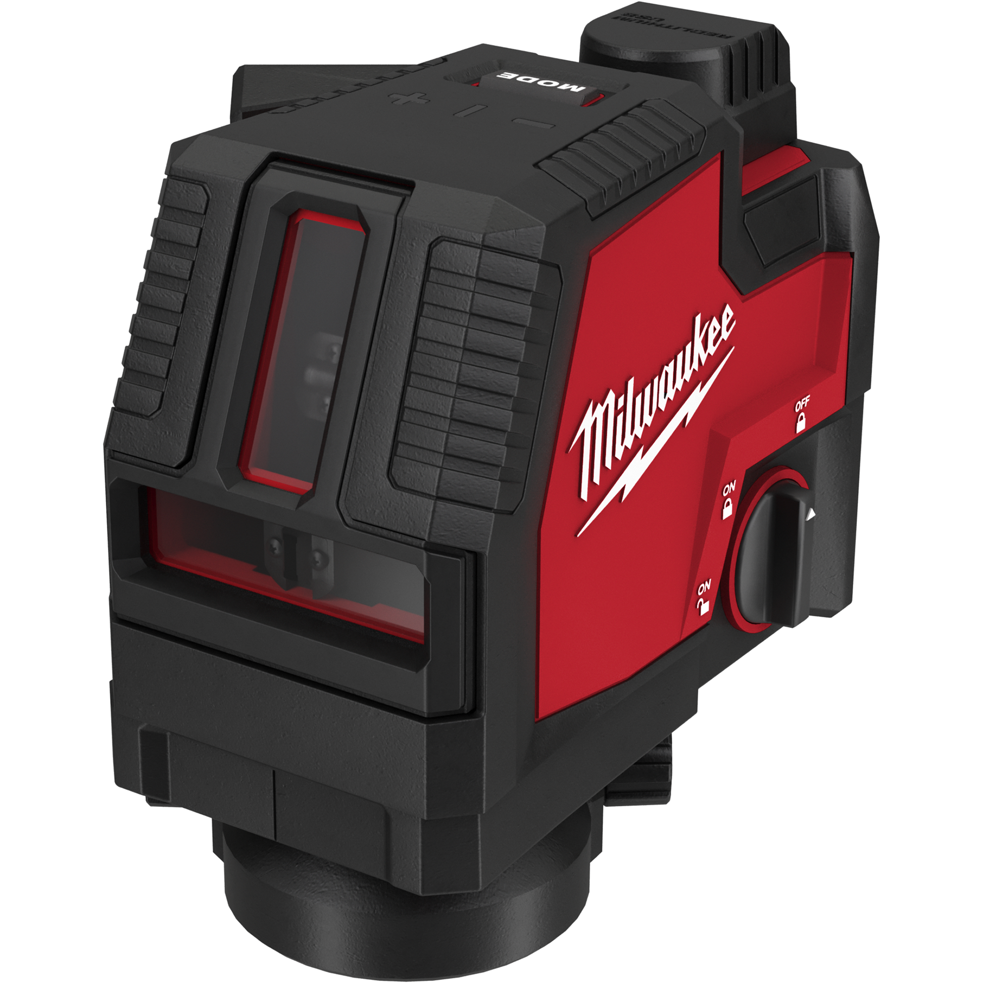 Red and black rechargeable green cross line laser level for precise measuring and aligning in woodworking and hand tools collections