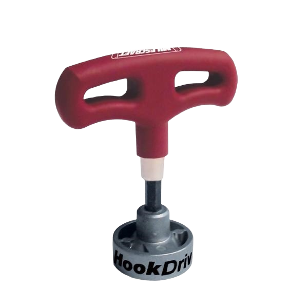 Red handled hook driver tool with detachable T-shape grip for easy hook installation in hardware and fasteners collections