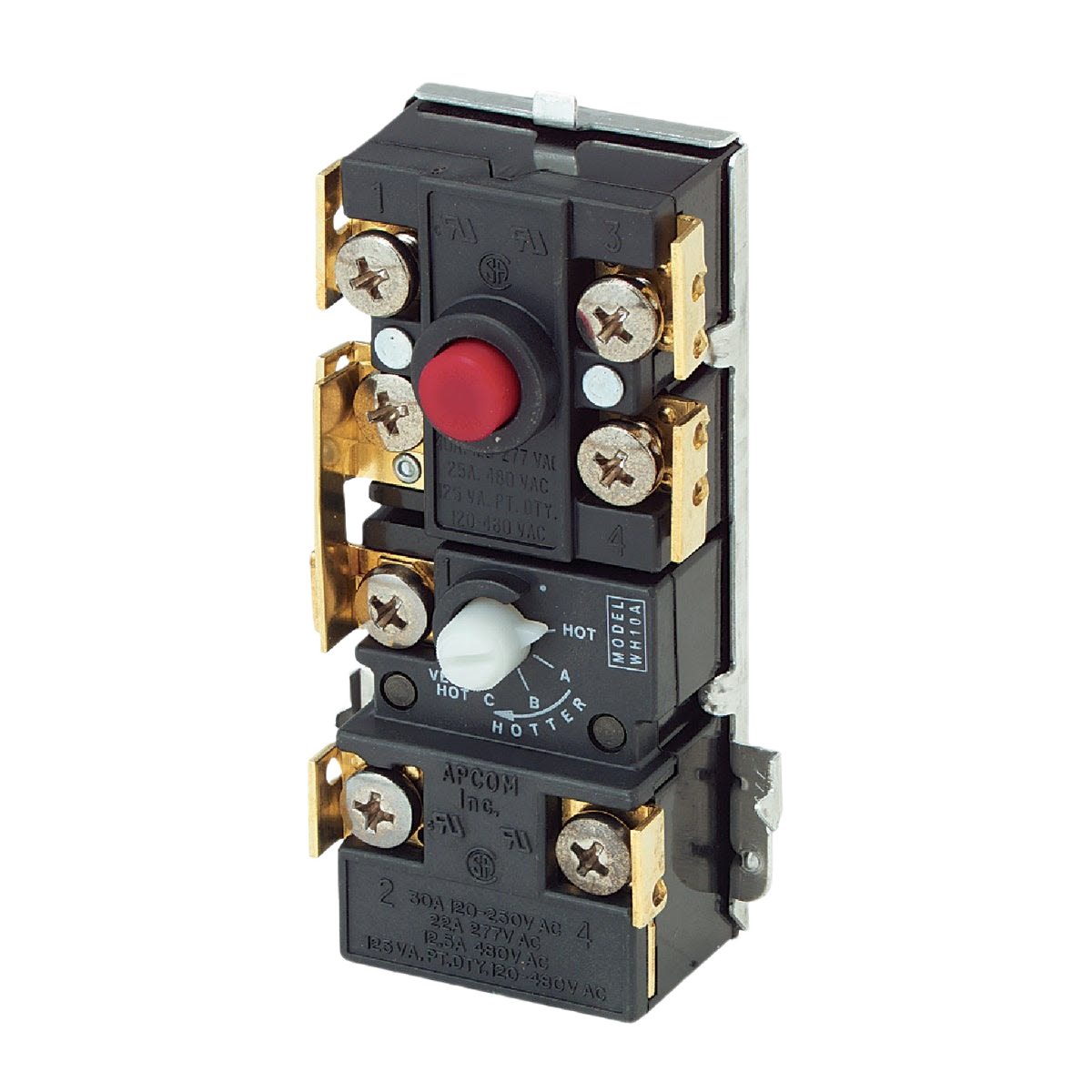 Upper electric water heater thermostat with adjustable temperature dial and brass terminals for home improvement use
