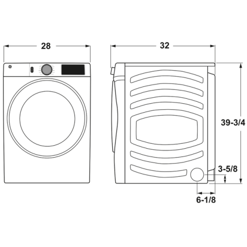 Line drawing of a front-load electric dryer with detailed measurements for width, depth, and height in the Dryers collection.