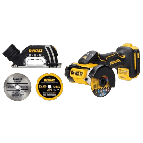 Cordless cut-off tool with brushless motor in black and yellow, including two cutting discs and dust extraction attachment for woodworking and home improvement tasks.