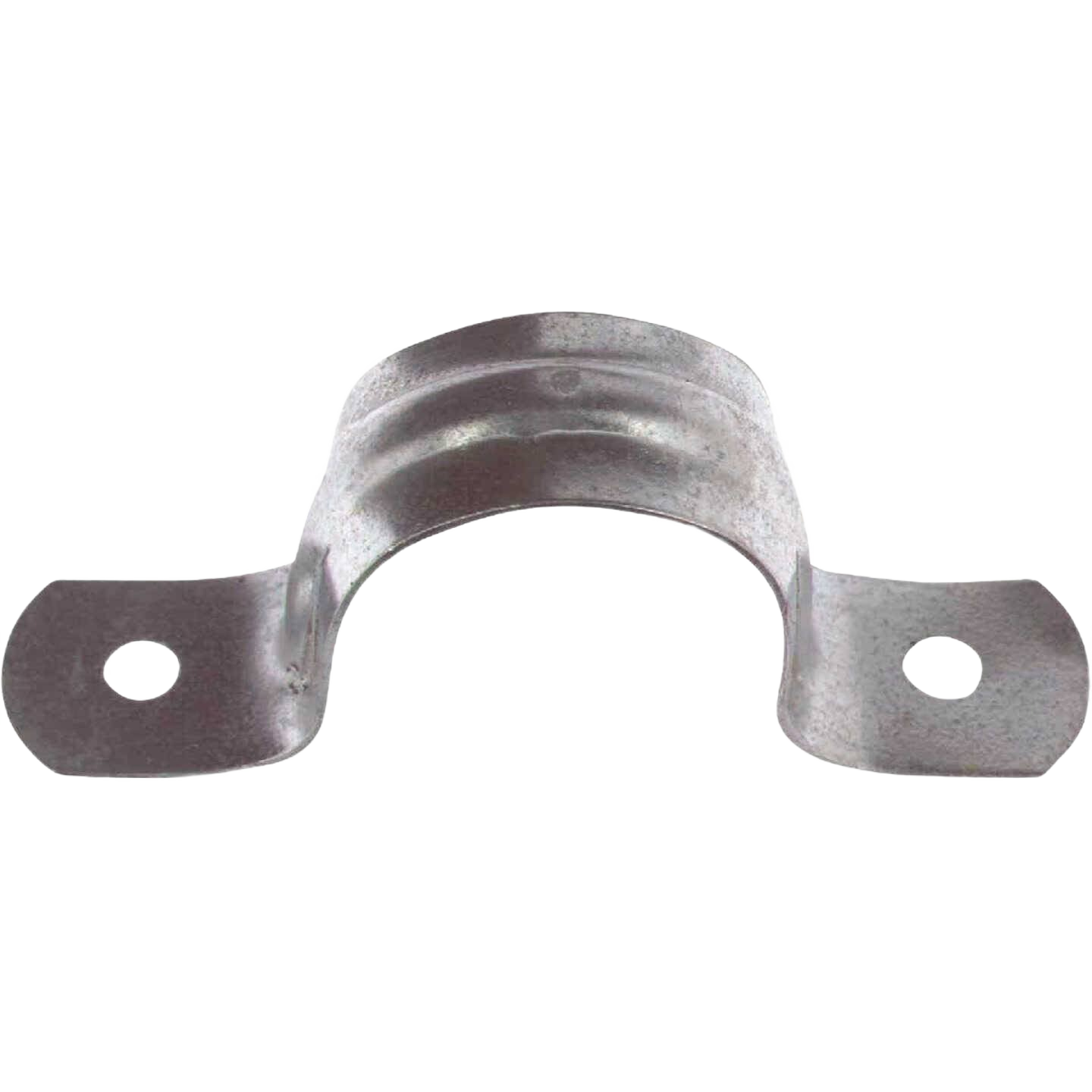 Galvanized metal conduit strap with two mounting holes for electrical and home improvement installation tasks