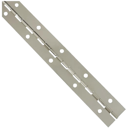 Nickel-finished steel continuous hinge with multiple screw holes for durable home improvement and tool applications