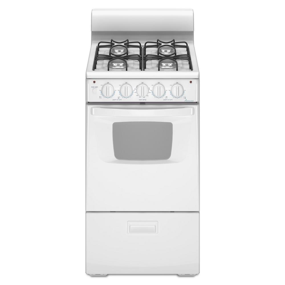 Compact white gas range with four burners, control knobs, and small oven suitable for kitchen and appliances collections