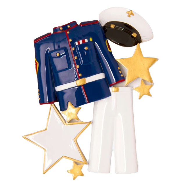 Glossy blue and white armed forces uniform ornament with gold stars in Christmas Ornaments & Tree Decorations under $50 collection