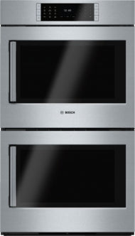 Stainless steel double wall oven with digital touch controls and SteelTouch™ buttons in Bosch kitchen appliances collection