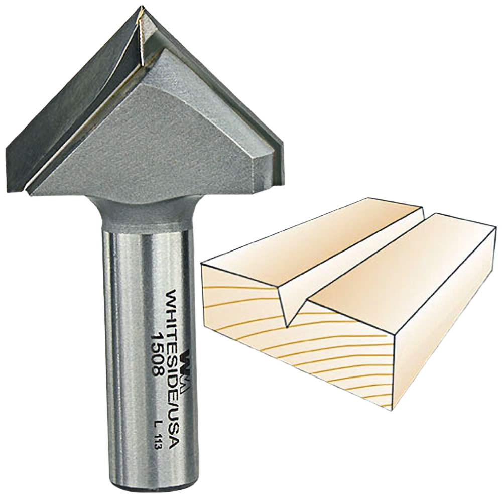 High-quality metal V-groove woodworking bit with engraved branding for precise home improvement tasks