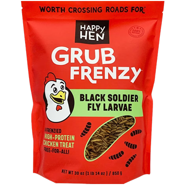 Red package of high-protein chicken treat featuring black soldier fly larvae for pet feeding and home improvement projects.