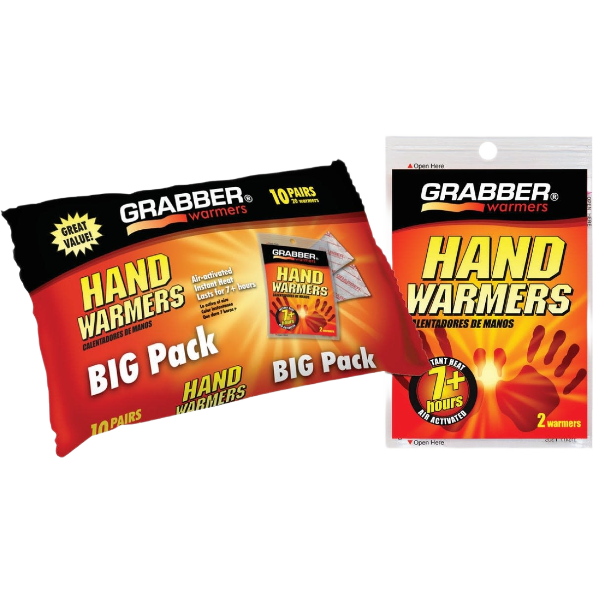 Packages of Grabber disposable hand warmers with air-activated heat lasting over seven hours for outdoor use