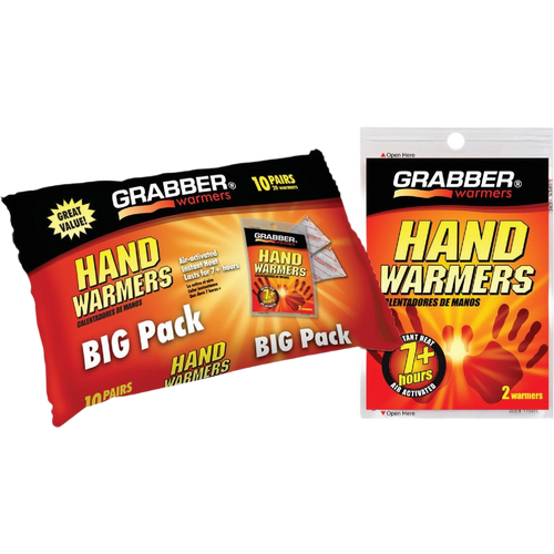 Packages of Grabber disposable hand warmers with air-activated heat lasting over seven hours for outdoor use
