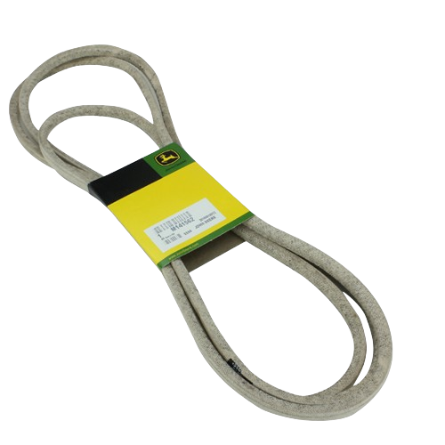 Gray V-belt with John Deere branded packaging, designed for traction drive use in home improvement tools and equipment