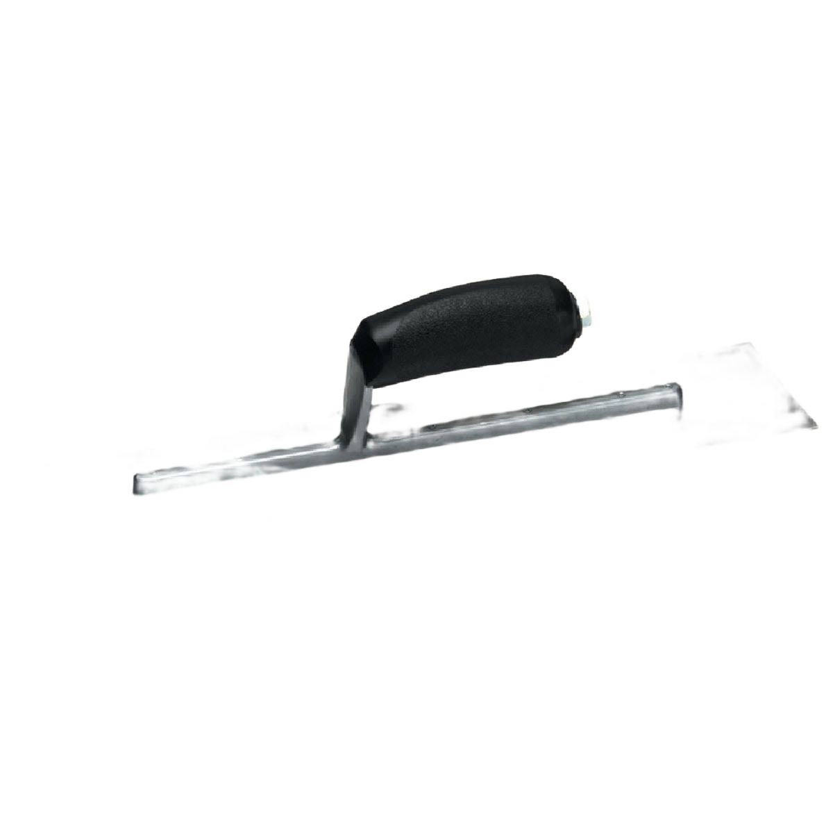 Finishing tool with ergonomic black handle and flat metal blade for smoothing surfaces in home improvement tasks