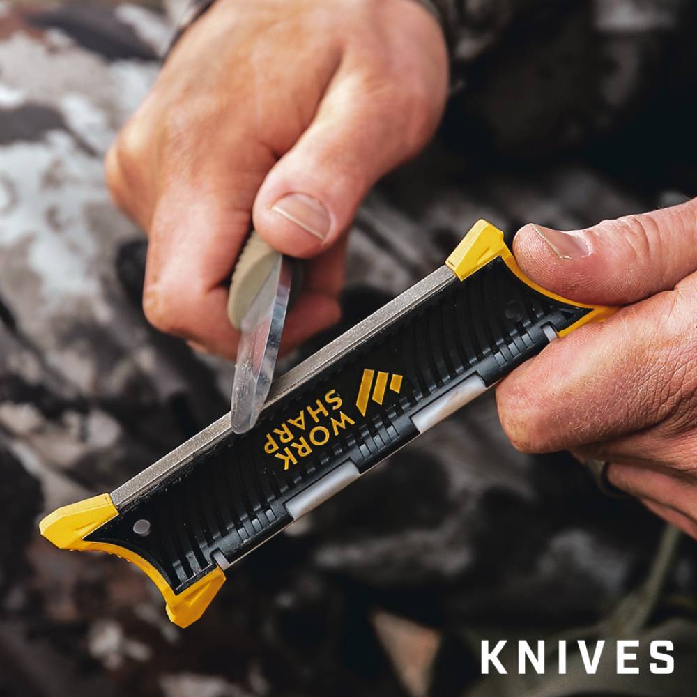 Black and yellow handheld pocket knife sharpener with ergonomic grip for woodworking and kitchen tools under $50