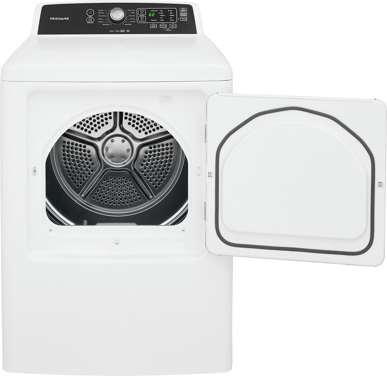 White freestanding gas dryer with open door and digital control panel from dryers and appliances collection