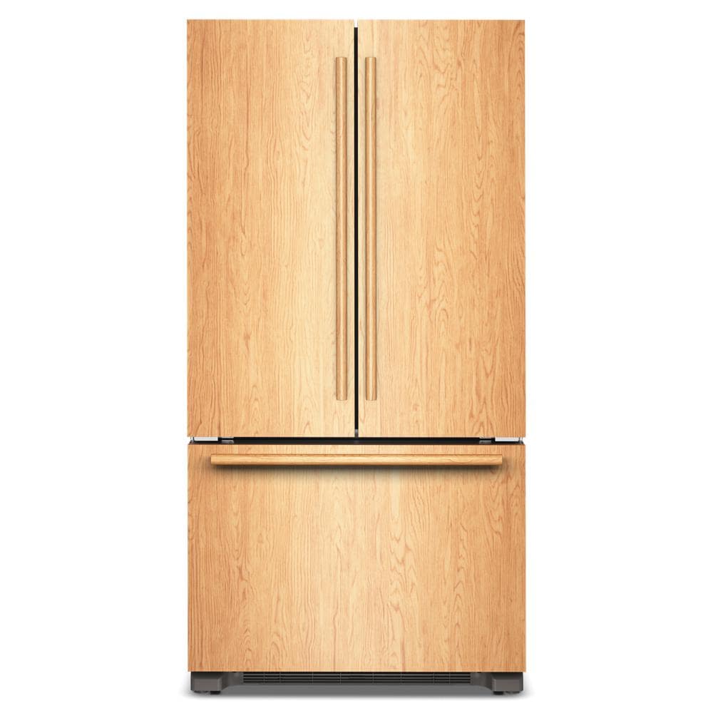 Panel-ready counter-depth French door refrigerator with wood finish doors and bottom freezer drawer in kitchen appliance collection