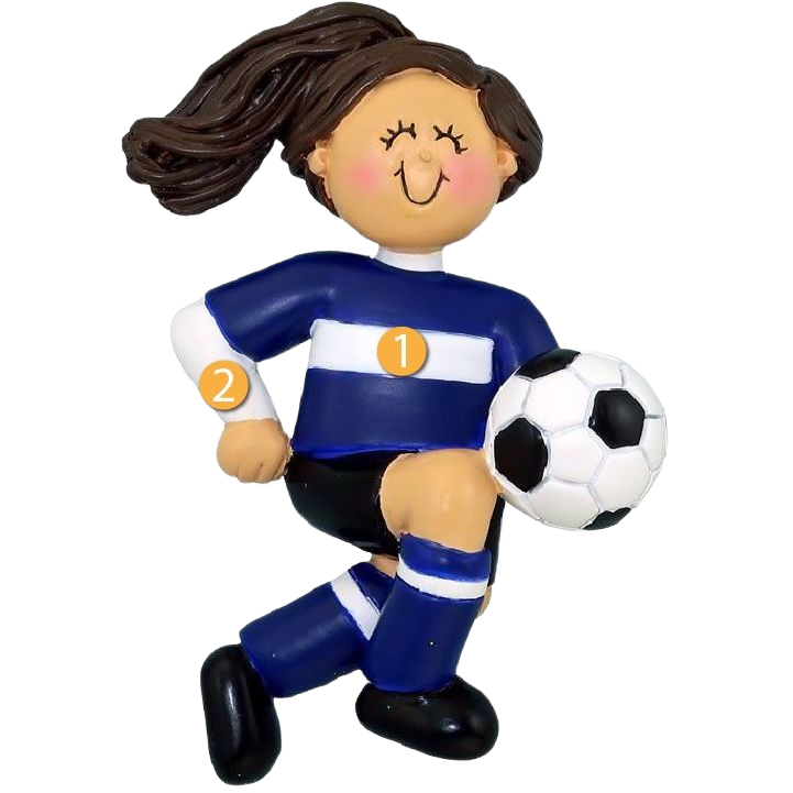 Brunette female soccer player figurine in blue and white uniform holding a ball, festive Christmas ornament under 50 dollars