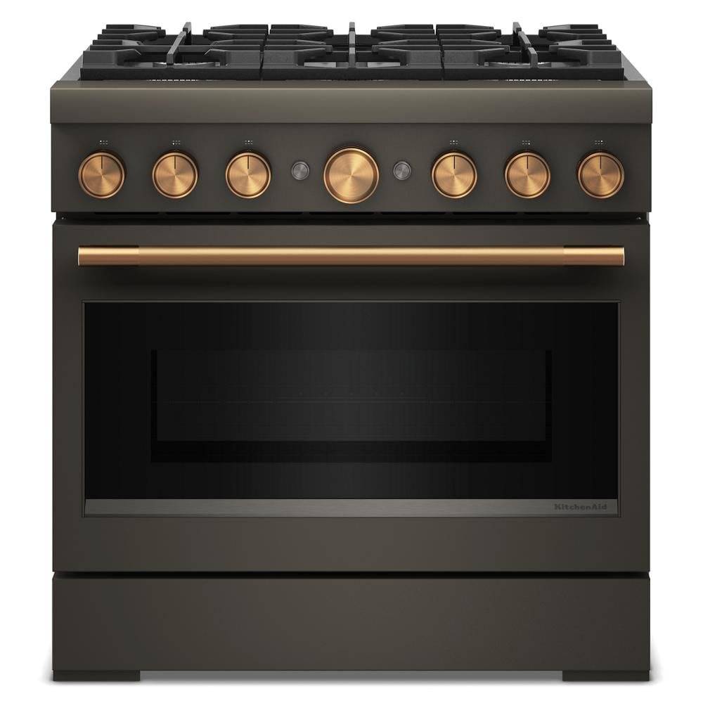 36-inch dark stainless steel dual fuel range with six burners and bronze control knobs from KitchenAid Ranges collection