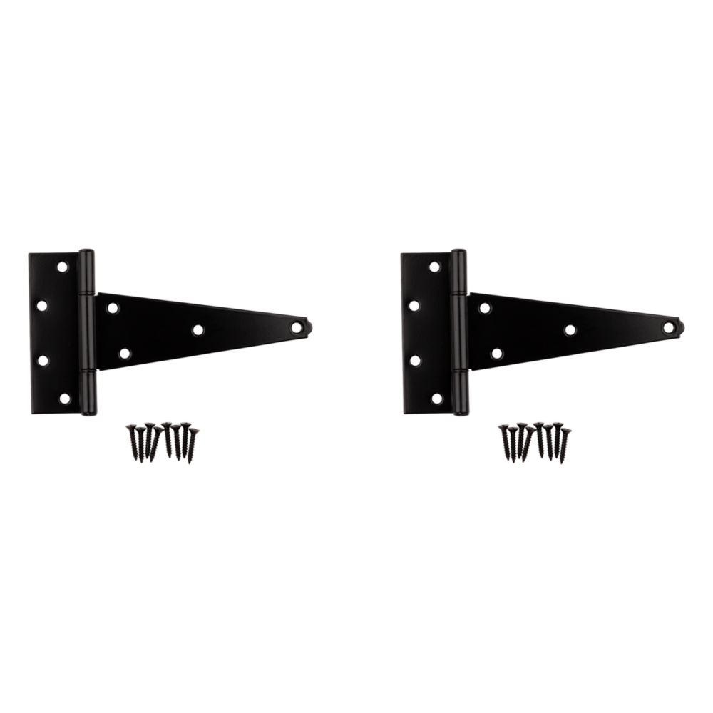 Two black heavy-duty 8-inch tee hinges with mounting screws for gates and doors in hardware collections under $50