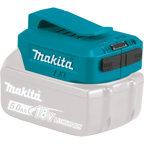 Teal Makita cordless power source with integrated USB ports and clip for tools and home improvement use