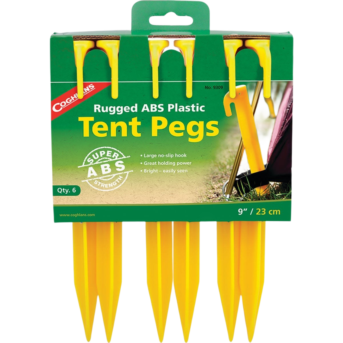 Set of six bright yellow 9-inch plastic tent stakes with no-slip hooks for outdoor camping and games under $25 collection