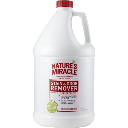 One-gallon container of Nature's Miracle stain and odor remover for pet messes and household cleaning tasks