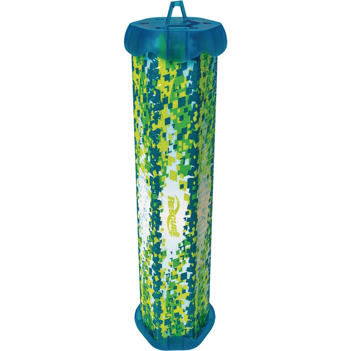 Tall hexagonal disposable indoor fly trap with blue caps and pixelated green and yellow pattern for insect control collections