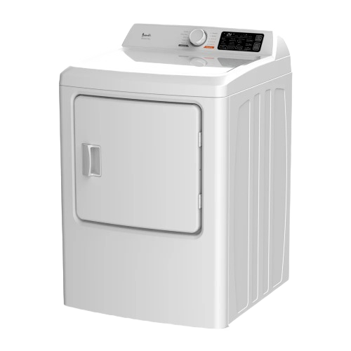 Angled view of white front load natural gas clothes dryer with digital control panel in Dryers and Appliances collections