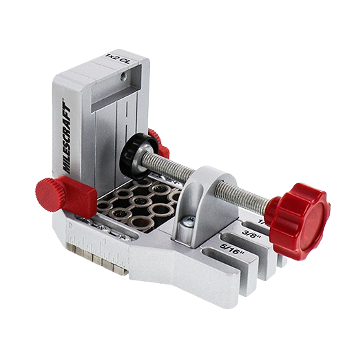 Self-clamping doweling jig with adjustable red knobs and metal screw mechanism for precision woodworking and home improvement tasks