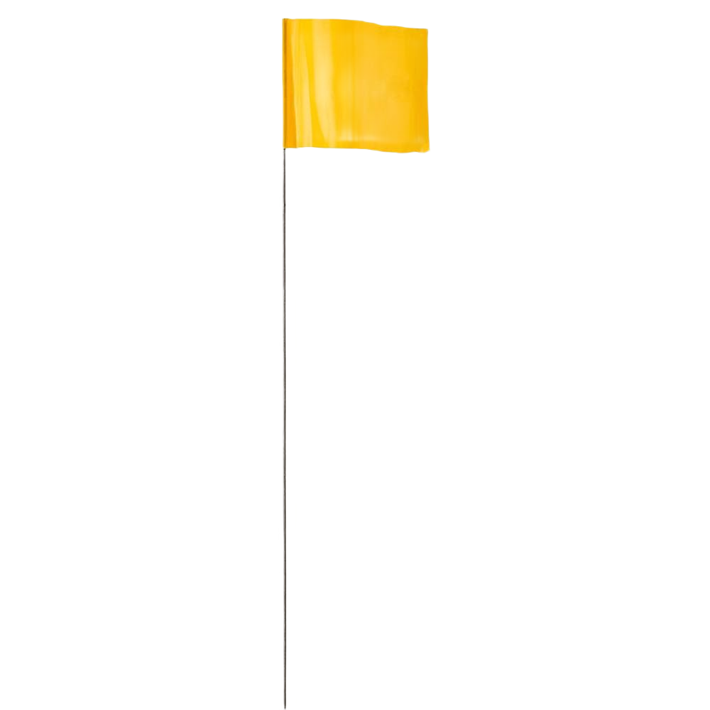 Bright yellow stake flag with metal wire stake for marking boundaries and utility lines in home improvement tasks
