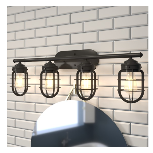 Rustic noble bronze 4-light vanity fixture with caged bulbs for bathroom wall and vanity lighting collections