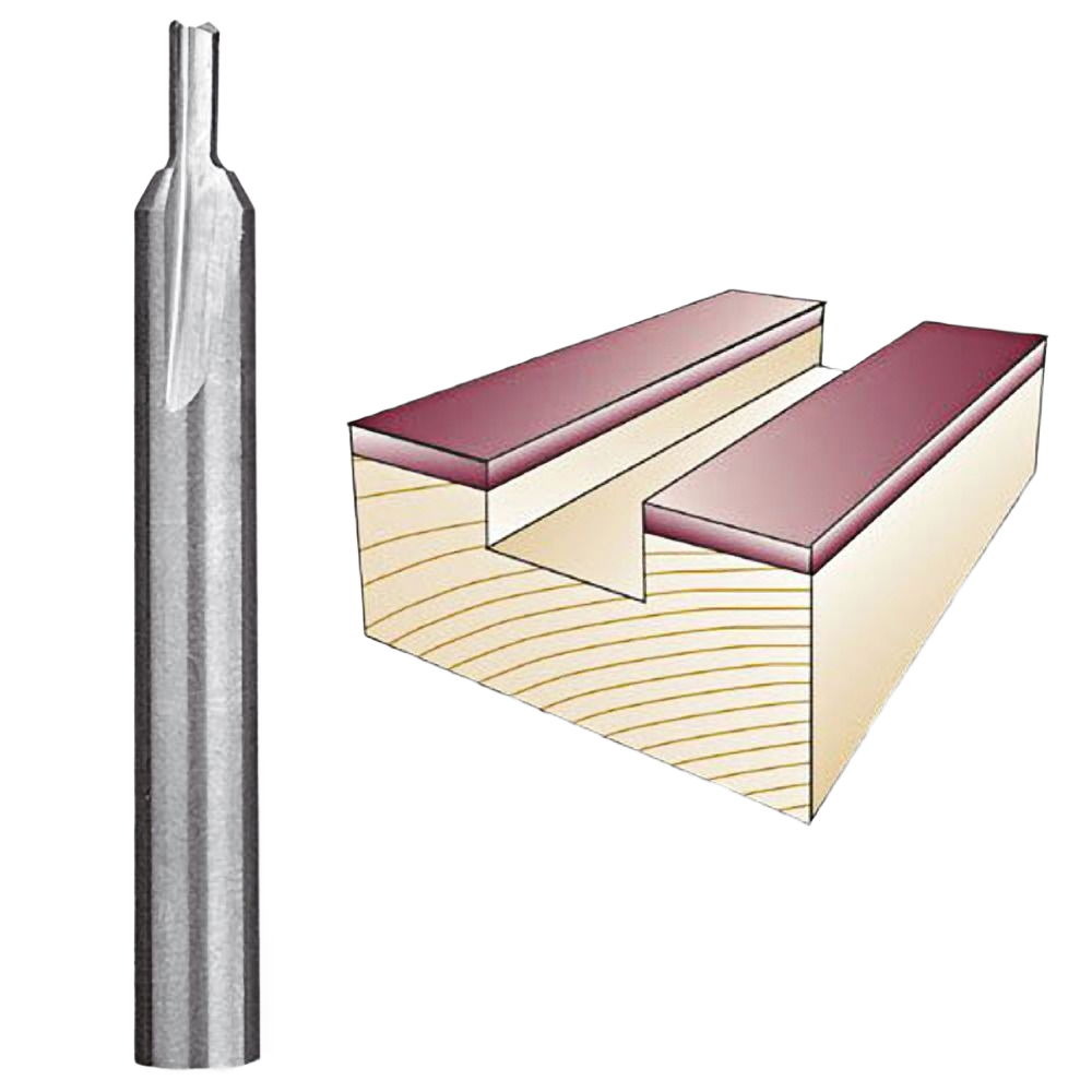 Solid carbide router bit with flat bottom design next to a cross-section of a dado groove in laminated wood for tool accessories.