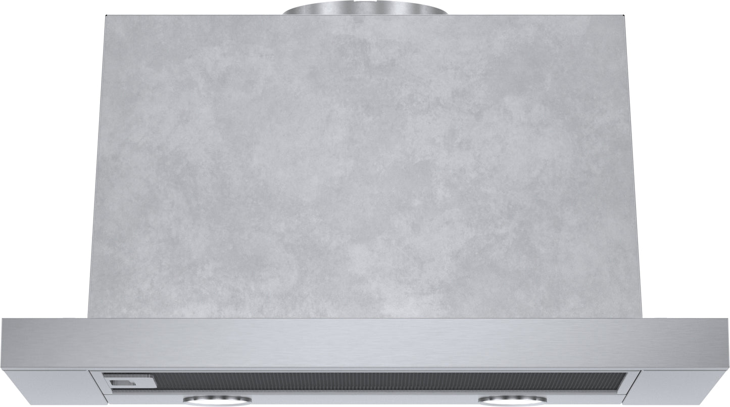 Stainless steel pull-out range hood with integrated blower and touch controls for kitchen ventilation and home improvement