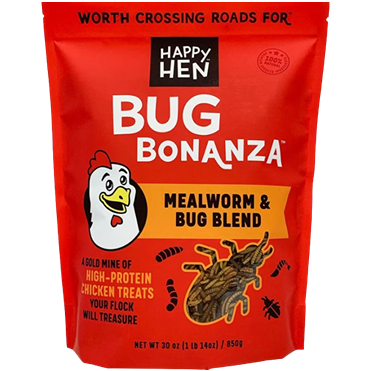 Red resealable bag of high-protein mealworm and bug blend chicken treats for poultry nutrition and care
