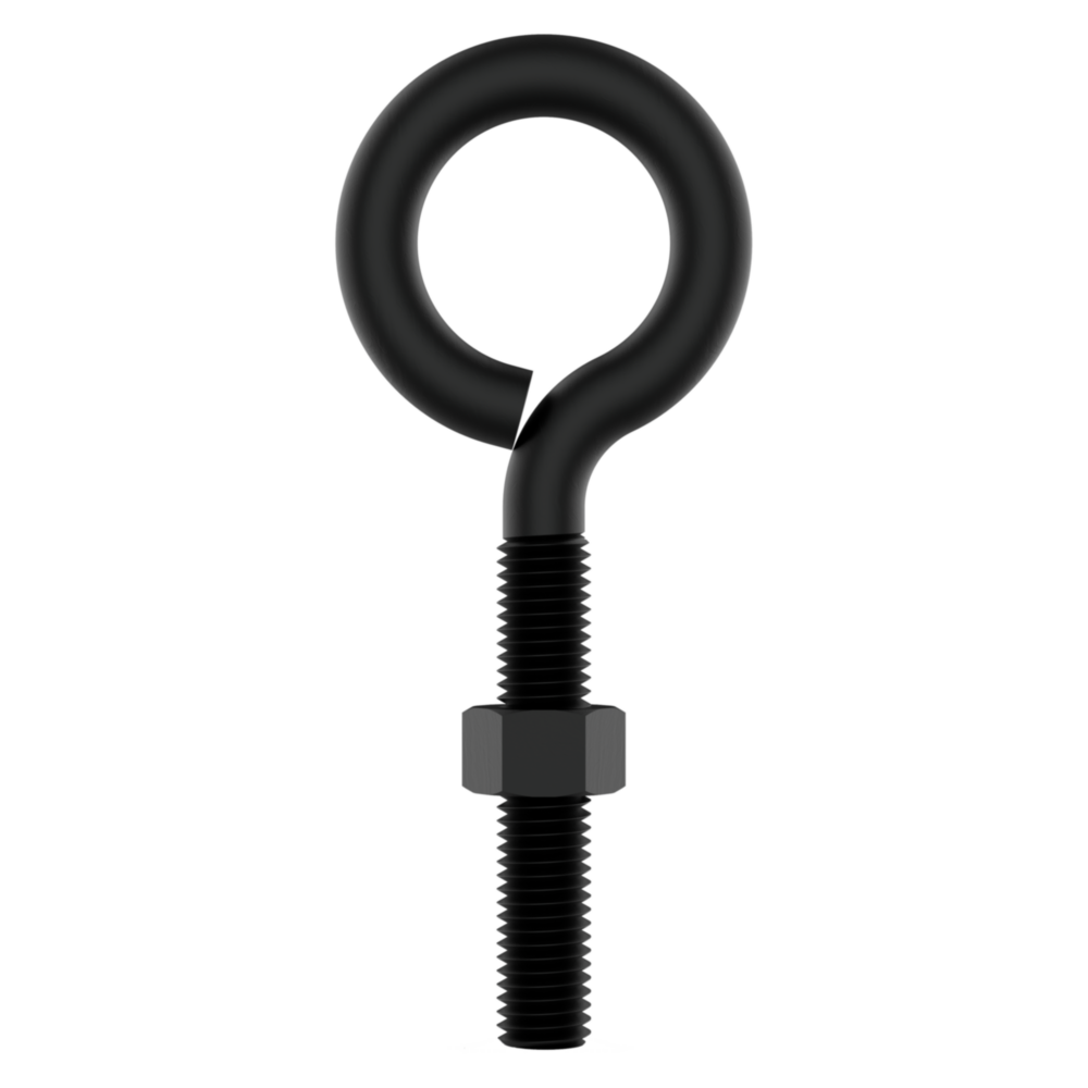 Black Storm Shine finished eye bolt with threaded shaft and nut for hardware, fasteners, and home improvement projects