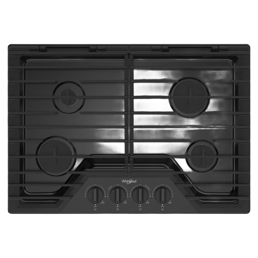 Black 30-inch gas cooktop with four burners and EZ-2-Lift hinged cast-iron grates for easy cleaning tasks