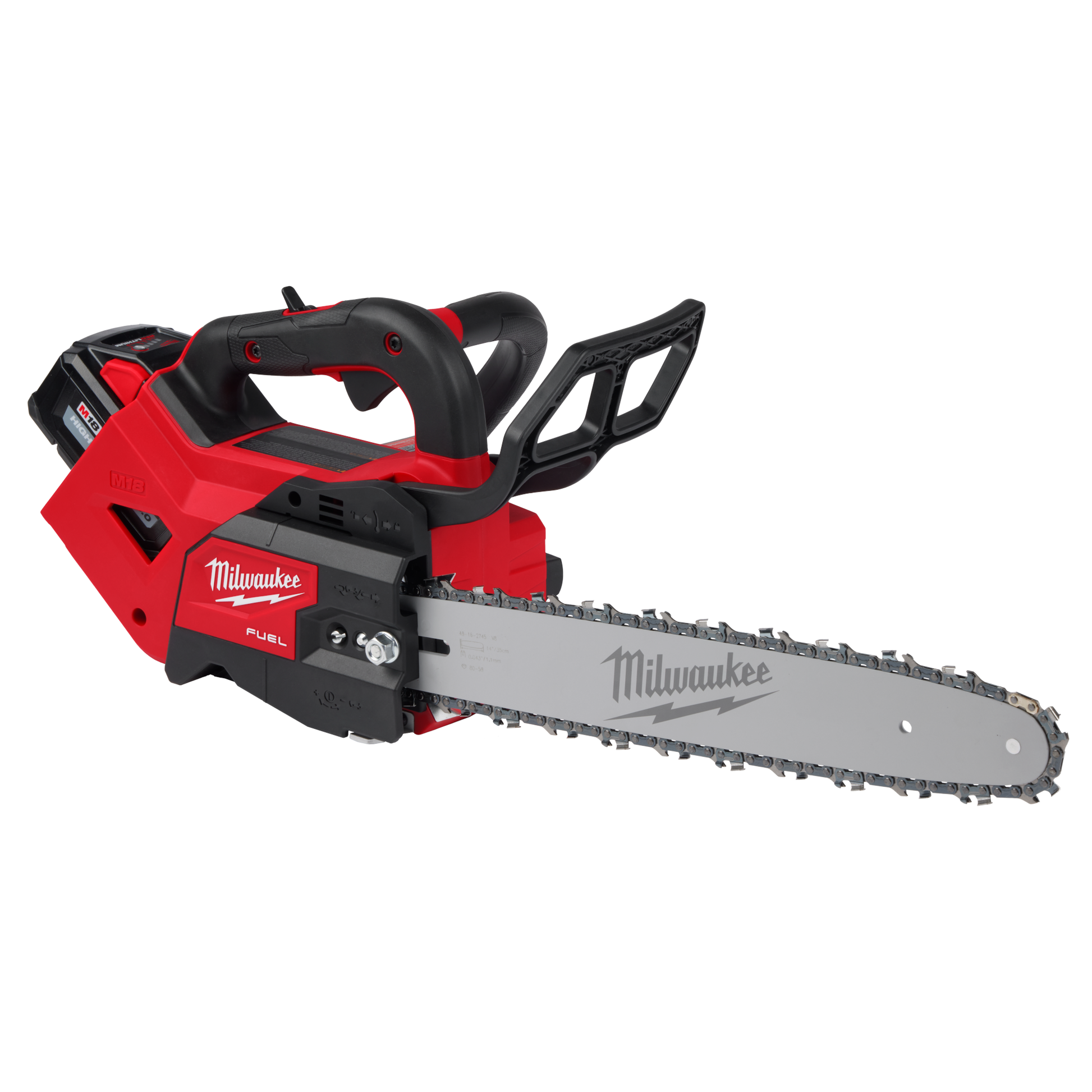 Red and black cordless top handle chainsaw with 14-inch bar and two batteries for home improvement tasks