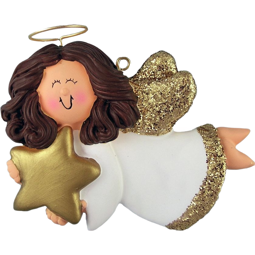 Flying brunette angel ornament in white with gold star and glitter accents from Christmas Ornaments & Tree Decorations collection