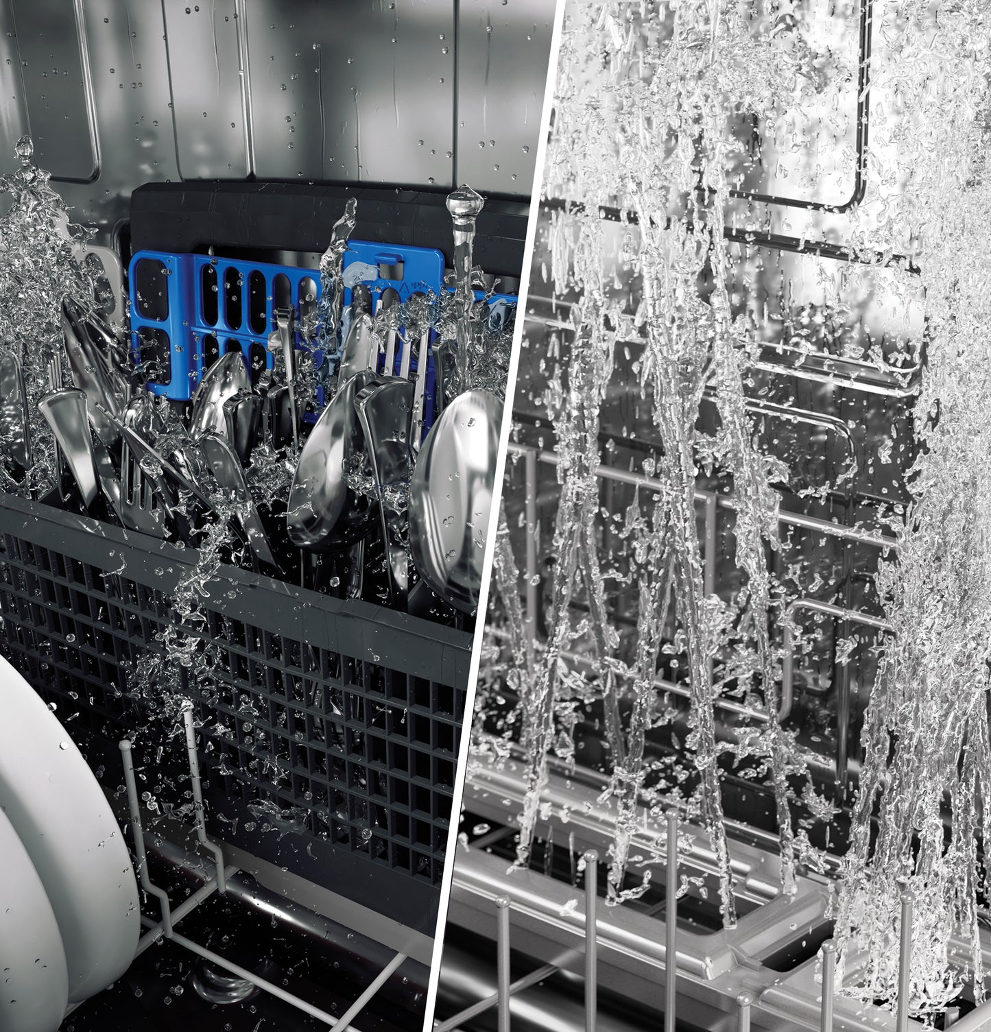 Interior view of dishwasher mid-cycle with water jets cleaning utensils and dishes from Dishwashers collection