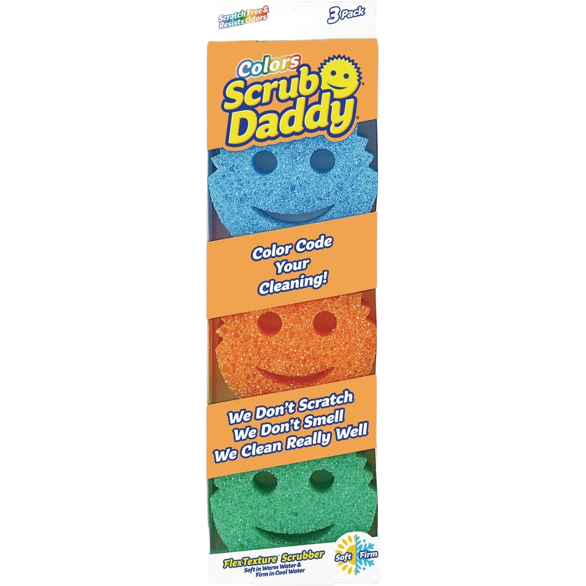 Three colorful Scrub Daddy cleansing pads in blue, orange, and green for cleaning tools under $50 collection