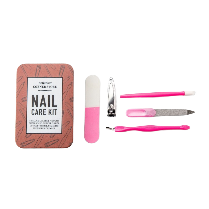 Compact nail care set with pink and stainless steel tools in a tin case for home grooming and improvement tasks
