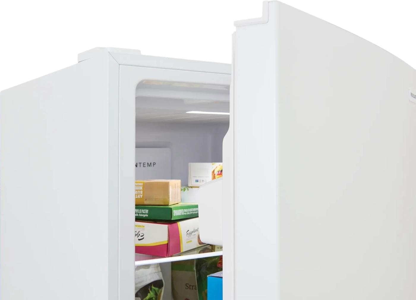 White upright refrigerator with open door showing organized shelves stocked with food items, suitable for Refrigerators, Kitchen & Kitchenware, Appliances, and All Products collections.